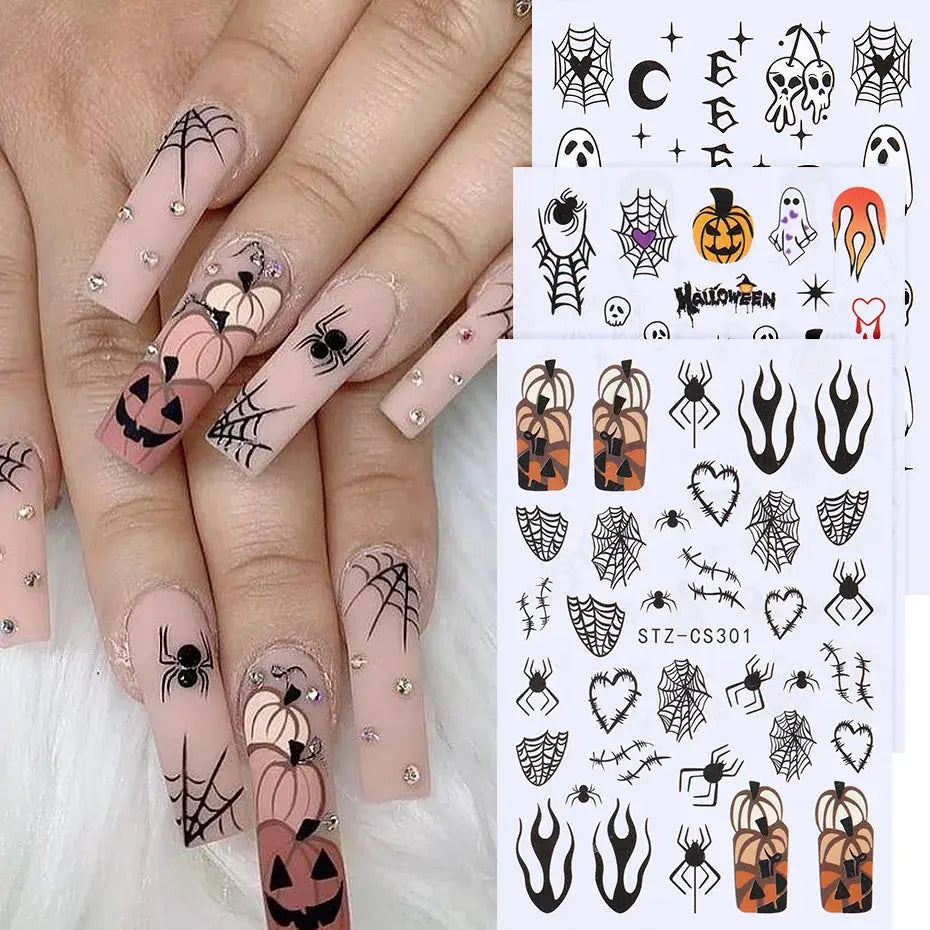 Halloween Stickers for Nails Pumpkin Ghost Skull Design Art Self-Adhesive Spider Web Decals Decoration DIY Manicure Accessories Good Vibrations