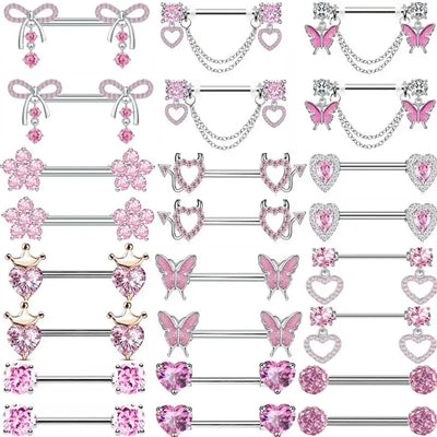 1Pair Pink Butterfly Nipple Piercing Jewelry Shiny Crystal Nipple Rings For Women Girls Heart Nipple Barbells Piercing Pezon