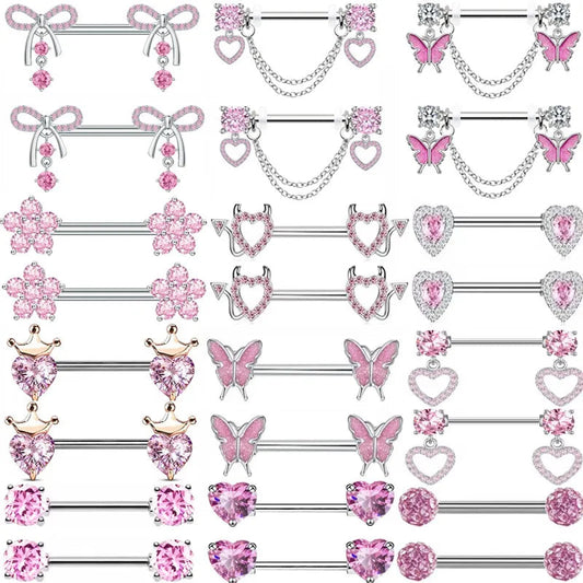 1Pair Pink Butterfly Nipple Piercing Jewelry Shiny Crystal Nipple Rings For Women Girls Heart Nipple Barbells Piercing Pezon Good Vibrations Adult Super Store