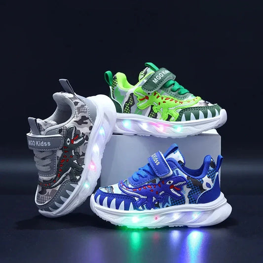 Spring New Children's Sports Shoes Cartoon Dinosaur Children's LED Light Shoes Soft Sole Boys' Causal Sneakers 2-6 Years Old Good Vibrations