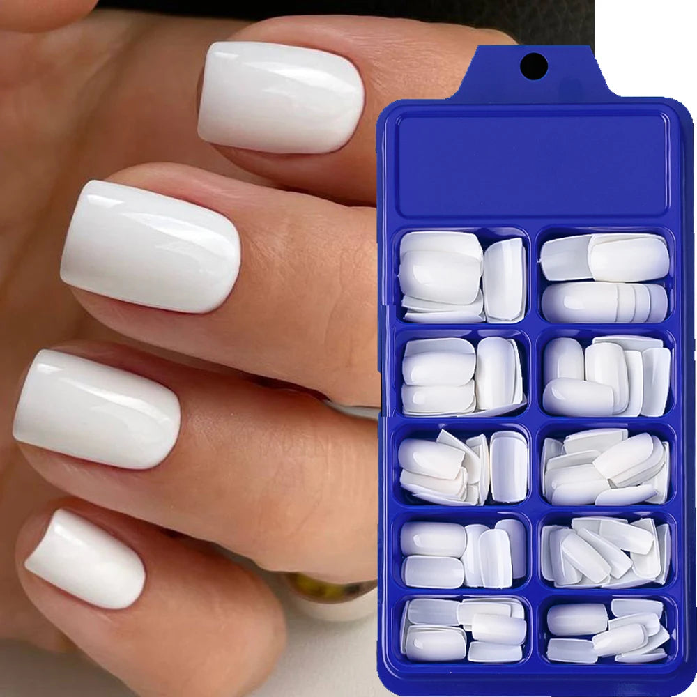 100pcs White Medium Square False Nails Full Cover Acrylic Artifical Fake Nail Tips Women Nail Decoration 10 Sizes Press On Nails Good Vibrations