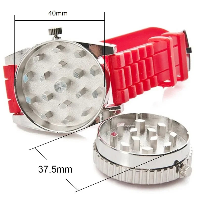 Portable watch style tobacco grinder, 42mm diameter, red strap, metal herb crusher for DIY smoking.