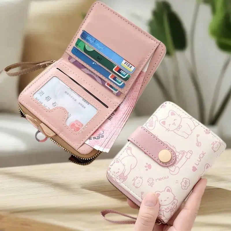 Cute Cat PU Leather Coin Purse Women Fashion Short Wallet Folding Zipper Wallet ID Card Holder Travel Lightweight Cash Coin Bags Good Vibrations