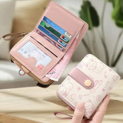 Cute Cat PU Leather Coin Purse Women Fashion Short Wallet Folding Zipper Wallet ID Card Holder Travel Lightweight Cash Coin Bags Good Vibrations