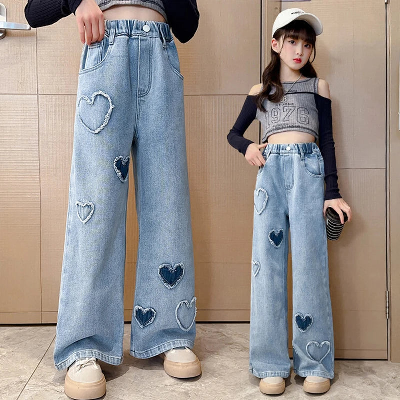 2025 Spring Autumn Girls Love Rough Edges Jean Korean Version Style Kids Middle Waist Cowboy Pants Elastic Waist Long Pants Good Vibrations