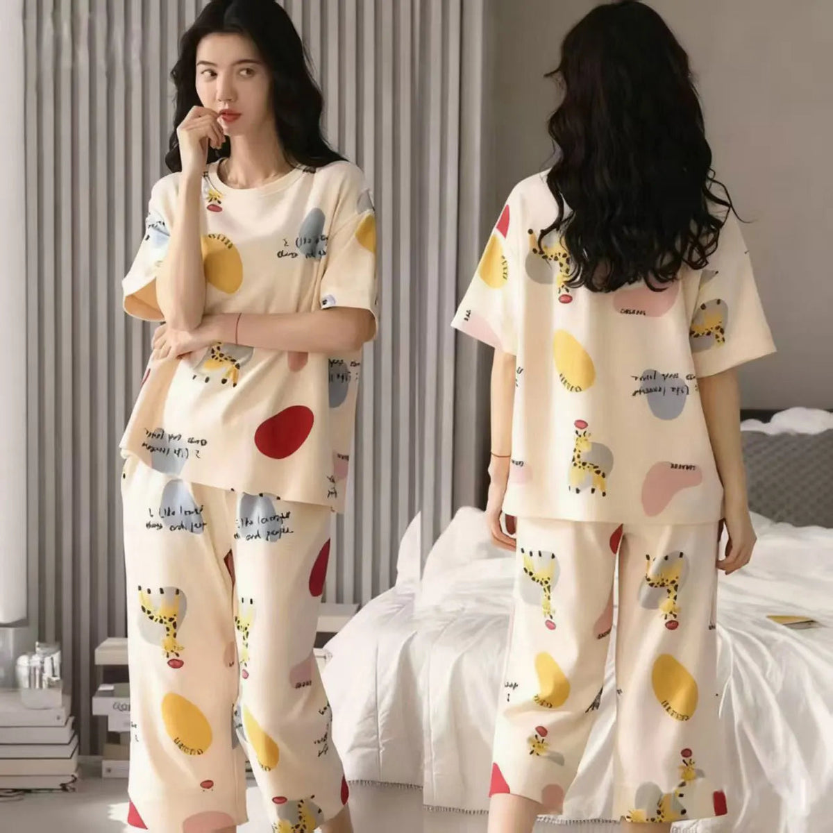 2-piece Set Women Cartoon Casual Homewear Clothes Girls Sleepwear Women Summer Short-sleeve Three-quarter Pants Pajama Set Good Vibrations