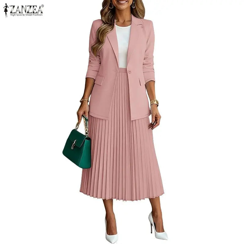 Women's Elegant Office Wear Skirt Suits Long Sleeve Blazer & A-Line Pleated Skirt 2 Pieces Sets ZANZEA Fashion Skirt Sets Outfit Good Vibrations