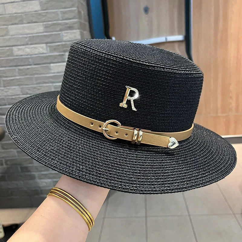 Summer Sun Hat Flat Top Straw Hats for Women New Metal R Letter Fashionable Beach Sun Hat Females Travel Holidays Boater Hat Good Vibrations