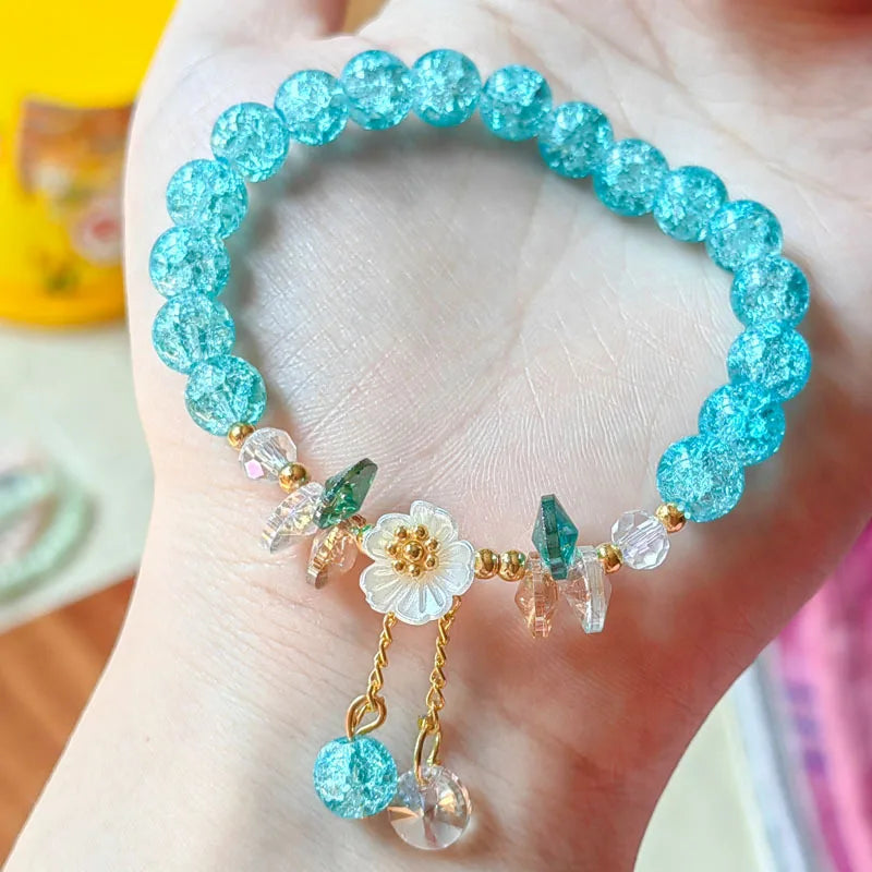 Korean New Sweet Daisy Flower Bracelet For Women Colorful Crystal Beaded Elastic Rope Bracelets Girl Party Wedding Jewelry Gifts Good Vibrations