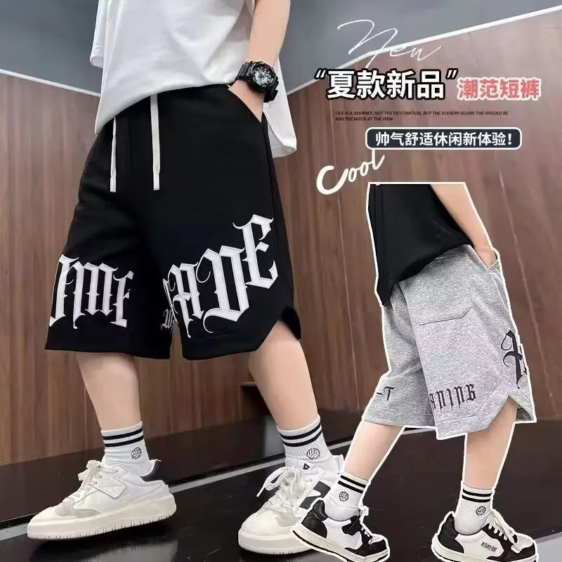Loose Style Children Summer Shorts for Boy New Letter Print Short Pants Outdoor Casual Sports Shorts Korean Children's Clothing Good Vibrations