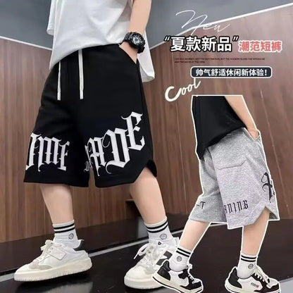 Loose Style Children Summer Shorts for Boy New Letter Print Short Pants Outdoor Casual Sports Shorts Korean Children's Clothing Good Vibrations