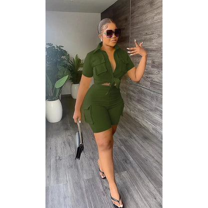 Streetwear Two Piece Set for Women Summer Outfits Pockets Short Sleeve Button-Up Shirt Top Short Sets Party Club Matching Sets Good Vibrations