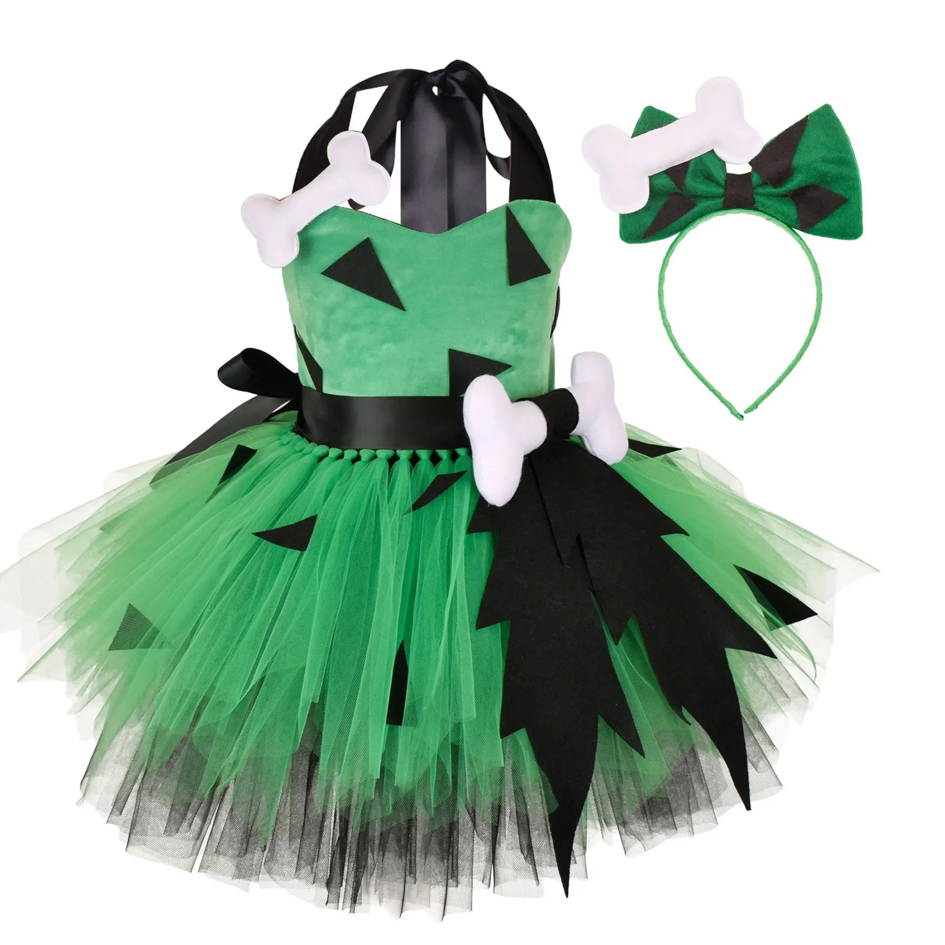 Flintstones Bone Costume Kids Girl Halloween Party Dresses Green St. Patrick's Day Cartoon Tutu Dress Children Carnival Clothes Good Vibrations