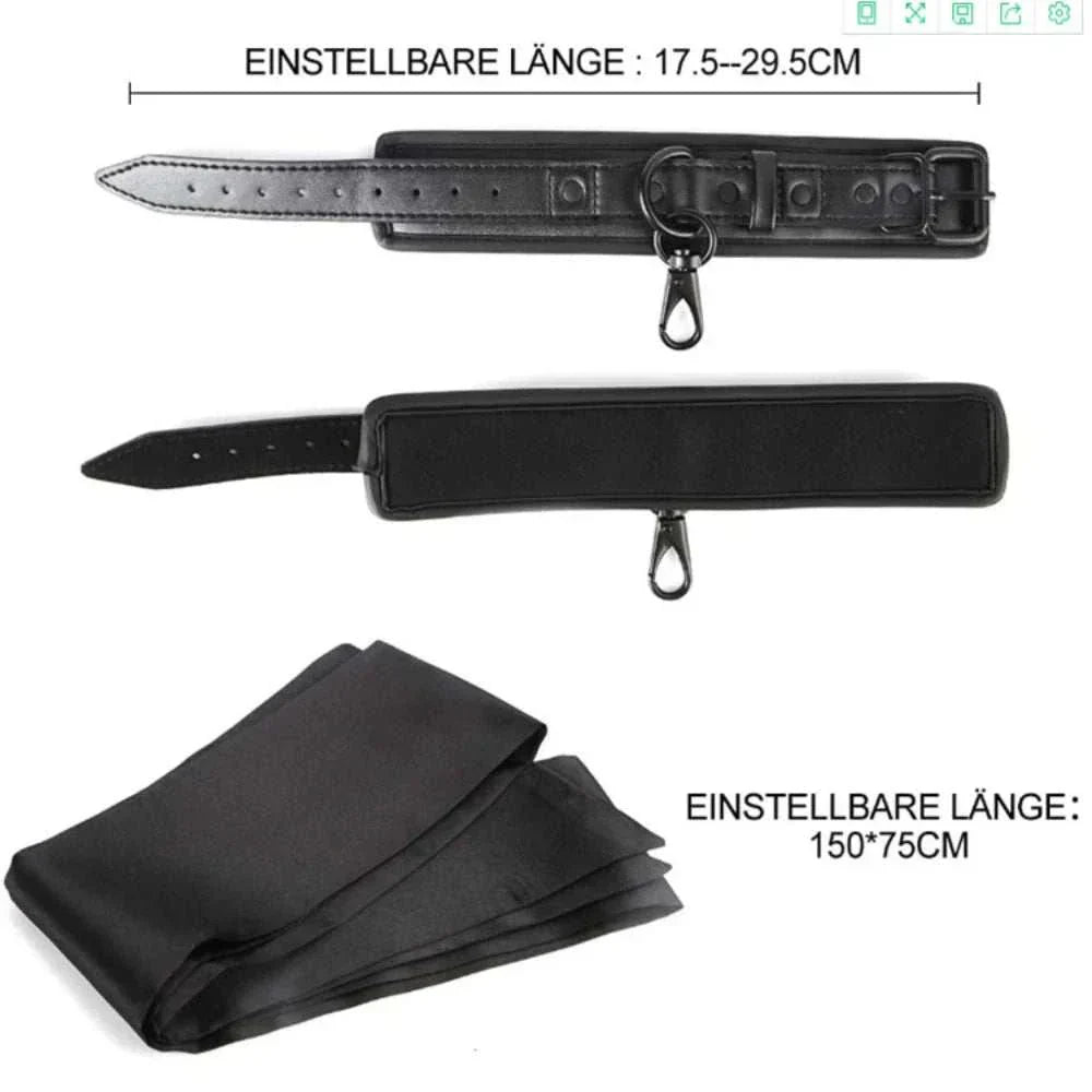 SM erotic leather handcuffs and footcuffs set for bondage and BDSM play.