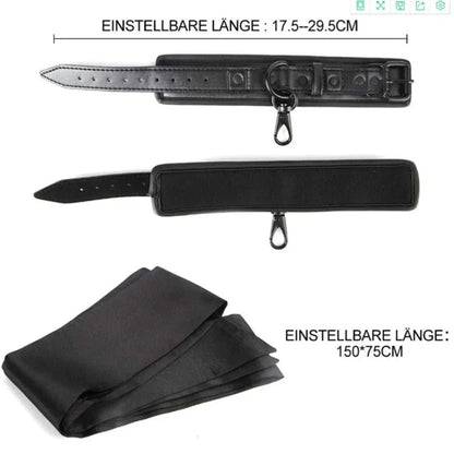 SM erotic leather handcuffs and footcuffs set for bondage and BDSM play.