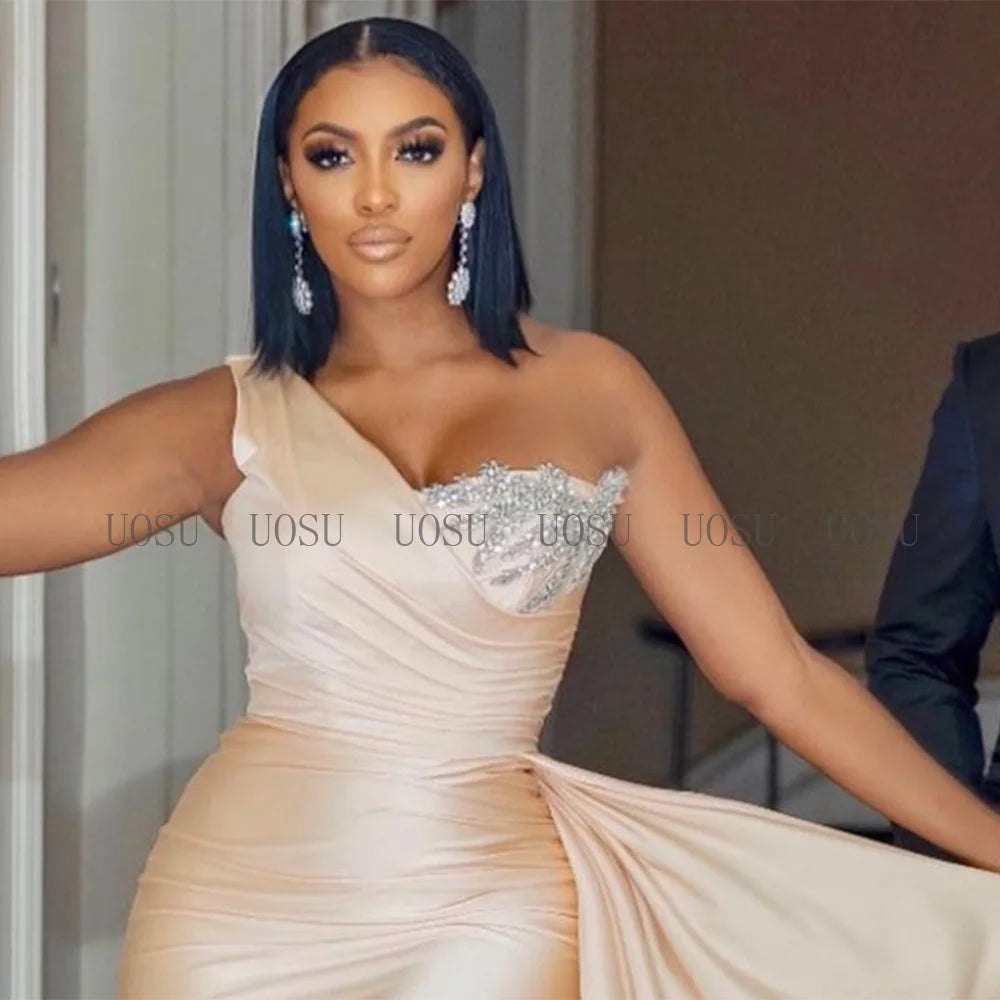 Bridesmaid Dress Champagne One Shoulder Mermaid Bridesmaid Gown for Wedding Draped Beading Women's Formal Evening Dresses Long Good Vibrations