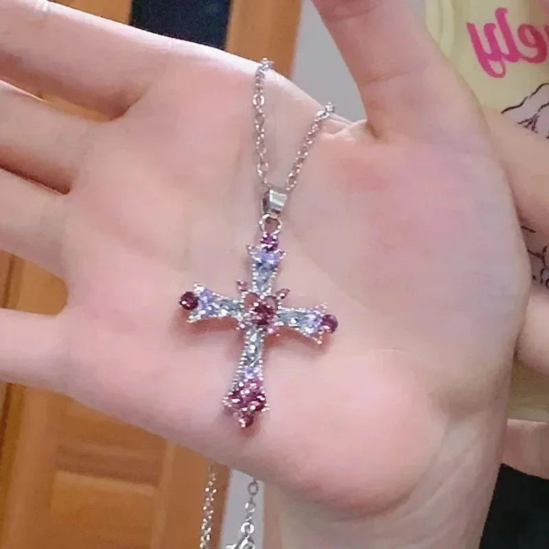 Подвеска Cross Necklace For Women Rhinestone Pendant Clavicle Chain Charm Party Jewelry Gifts Punk Pink Purple Zircon Gothic Good Vibrations