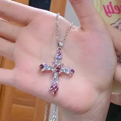 Подвеска Cross Necklace For Women Rhinestone Pendant Clavicle Chain Charm Party Jewelry Gifts Punk Pink Purple Zircon Gothic Good Vibrations
