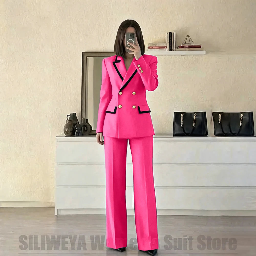Women's Red Suit Two Piece Set Double Breasted Blazer with Black Trim and Pants Elegant Formal Fashion Daily Casual Party Tuxedo Good Vibrations