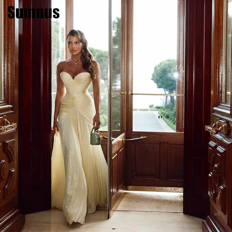 Sumnus Charming Mermaid Yellow Prom Dress Sweetheart Pleats Sleeveless Party Dresses Floor-Length Evening Dress Customized Good Vibrations