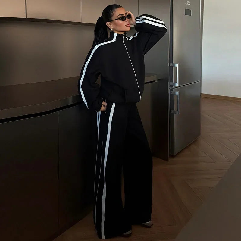 Stripe Contrasted Sweatshirt Pant Set Women Casual Stand Collar Full Sleeve Zippers Sport Coat Wide Leg Trousers 2 Piece Sets Good Vibrations