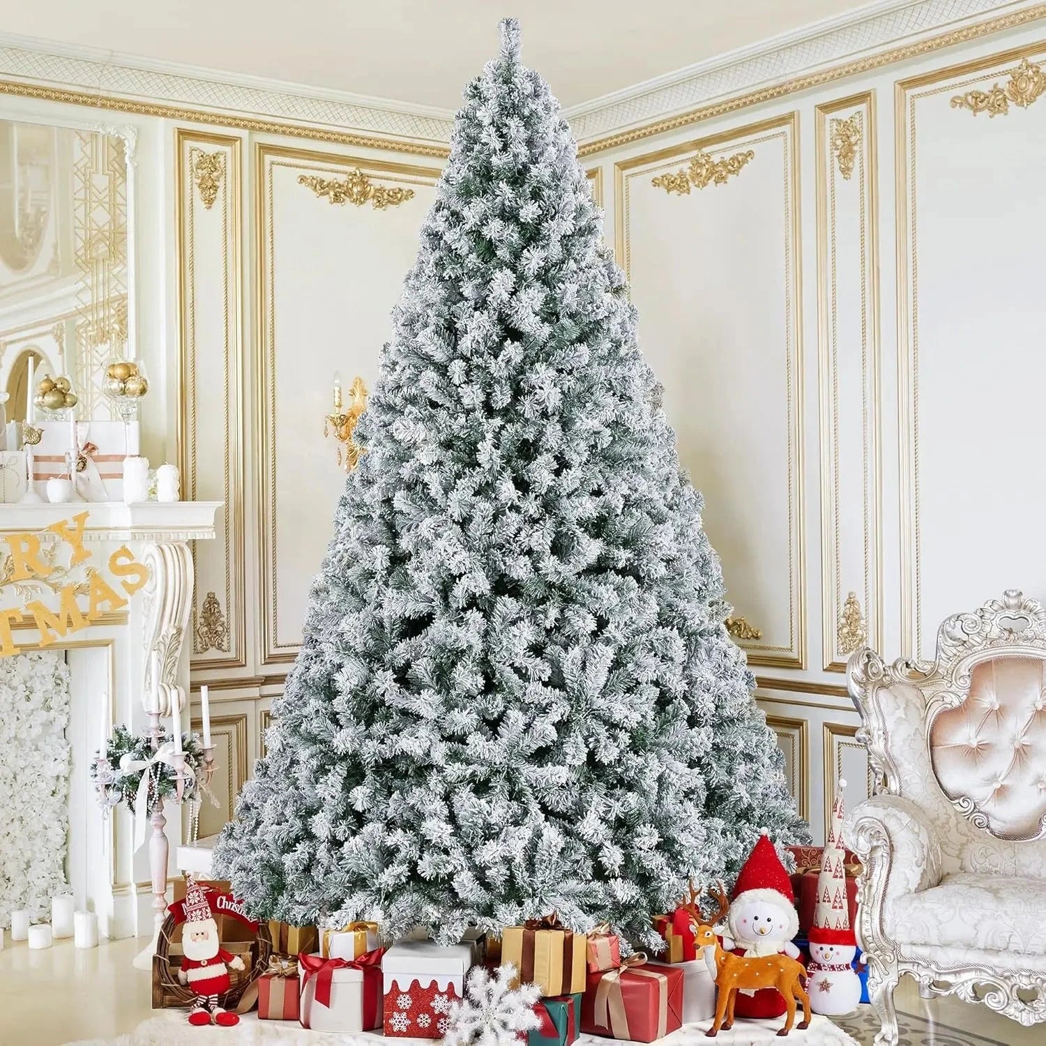 5 to 10ft Artificial Christmas Tree , Snow Flocked Full Prelighted Xmas Tree with 2084 Branch Tips, 900 Incandescent Lights Good Vibrations