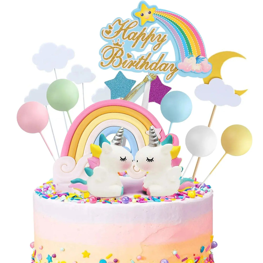 Birthday Unicorn Cake Topper,Rainbow Balloon Cake Decorations Cupcake Toppers for Girls Unicorn Birthday themed Party Supplies Good Vibrations