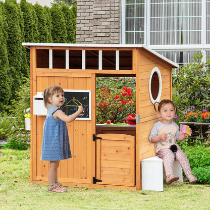 Kids Outdoor Wooden Playhouse with Cottage Door Windows and Mailbox Bench Flower Pot Holder Good Vibrations