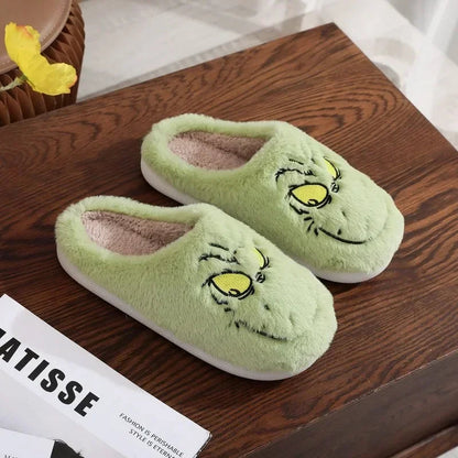 Christmas Plush Slippers Women Winter Warm Cute Home Green Haired Monster Slippers Funny Non Slip Cotten Shoes New Year Gift Good Vibrations