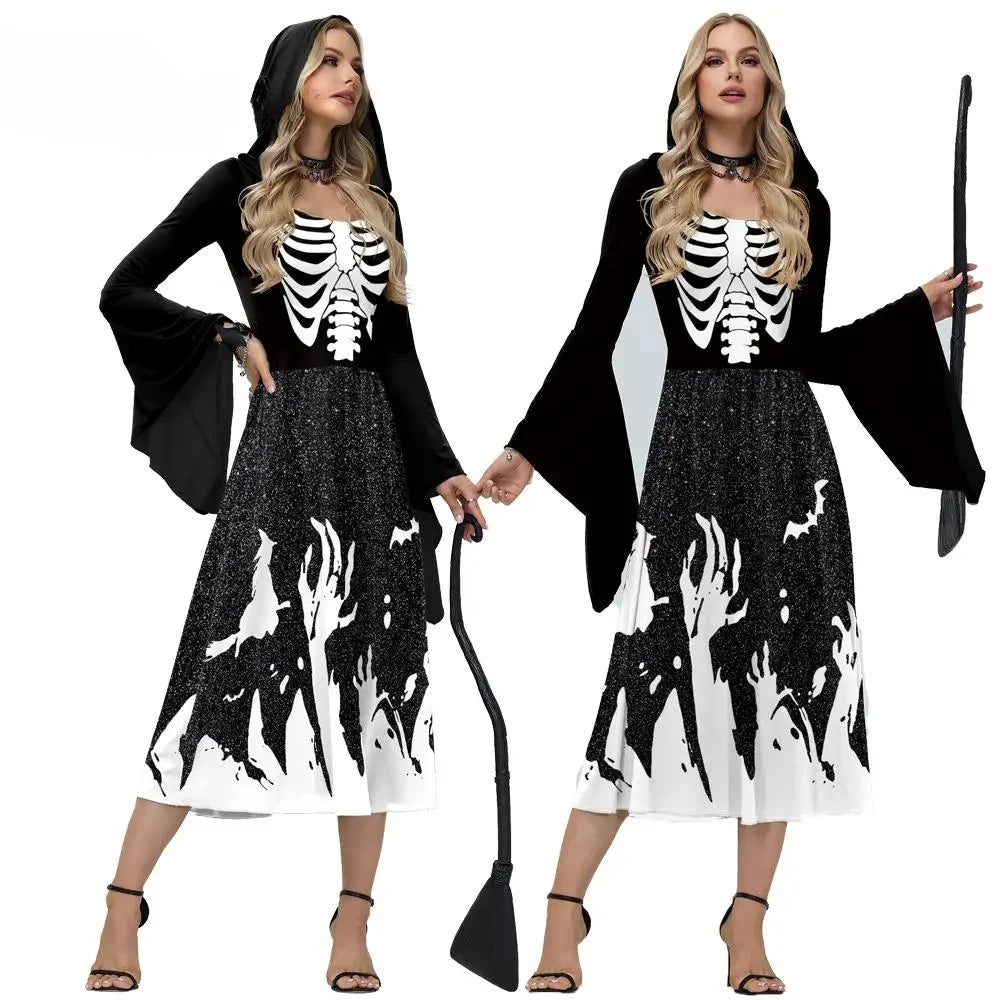 Halloween Skeleton Cosplay Costumes for Women Medieval Robe Vintage Party Hooded Dress Witch Scary Clothes Day of The Dead Good Vibrations