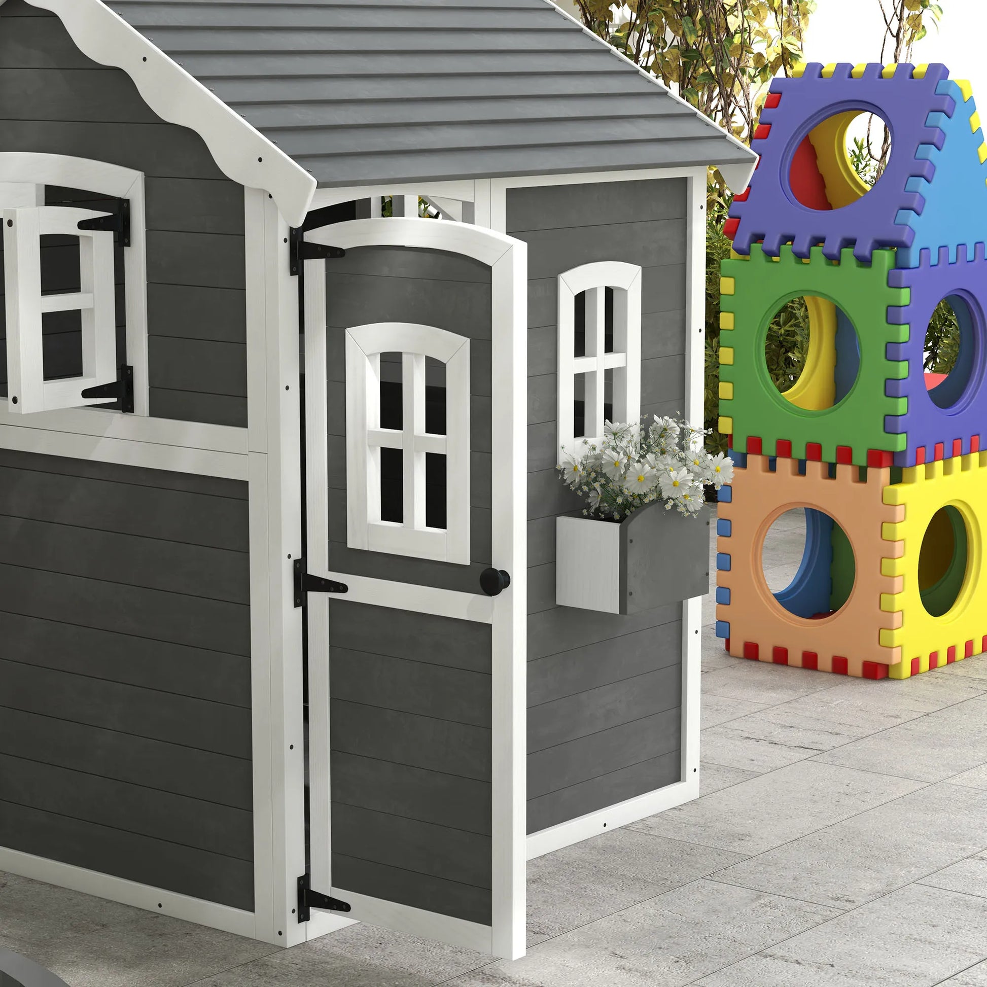 Outsunny Playhouse for Kids, Outdoor Wooden Playhouse with Floor, Door, Windows & Planter Box for 3-8 Year Olds, Backyard Good Vibrations