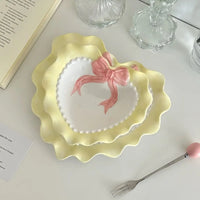 INS Wind Bowl Plate Cute Wave Edge Bow Knot Love Wave Dot Ceramic Lace Tableware Girl Heart Home Rice Bowl Plate Dessert Plate Good Vibrations