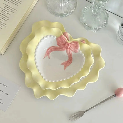 INS Wind Bowl Plate Cute Wave Edge Bow Knot Love Wave Dot Ceramic Lace Tableware Girl Heart Home Rice Bowl Plate Dessert Plate Good Vibrations
