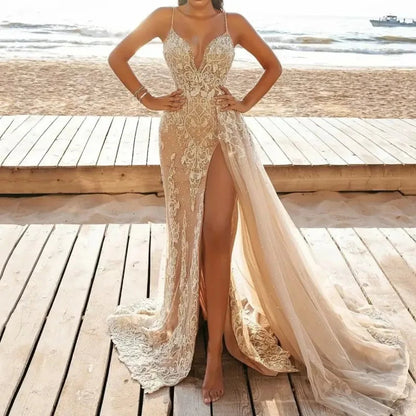 Wedding Party Dress Female Evening Elegant Sexy Deep V Neck Strap Sleeveless Sequined Long Maxi Dresses for Women 2024 Good Vibrations