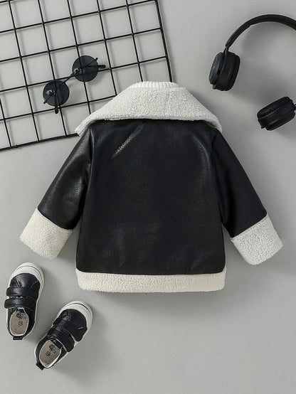 2024 Baby Boys Black Leather Coats Winter Fashion Turn-down Collar Jackets Thick Warm Outerwear Children Clothes For 3M-3Y Good Vibrations