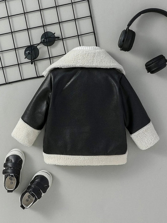 2024 Baby Boys Black Leather Coats Winter Fashion Turn-down Collar Jackets Thick Warm Outerwear Children Clothes For 3M-3Y Good Vibrations