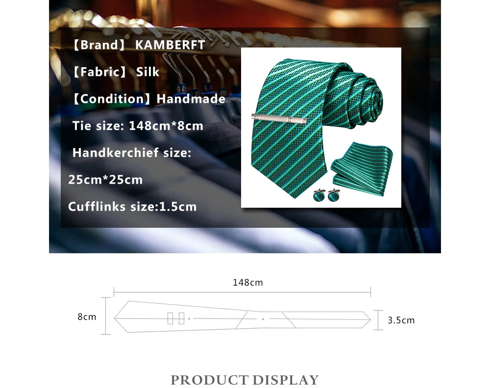 8cm Silk Mens Ties Green Black Ties plaid stripe NeckTie Pocket Square Cufflinks Tie clips Set Men's Wedding business Party Tie Good Vibrations