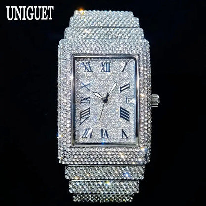 Fashion Rose Watch For Men Luxury Stainless Street Hip Hop Ice Diamond Rectangle Wristwatch Male With Calendar Rlógios Masculino Good Vibrations