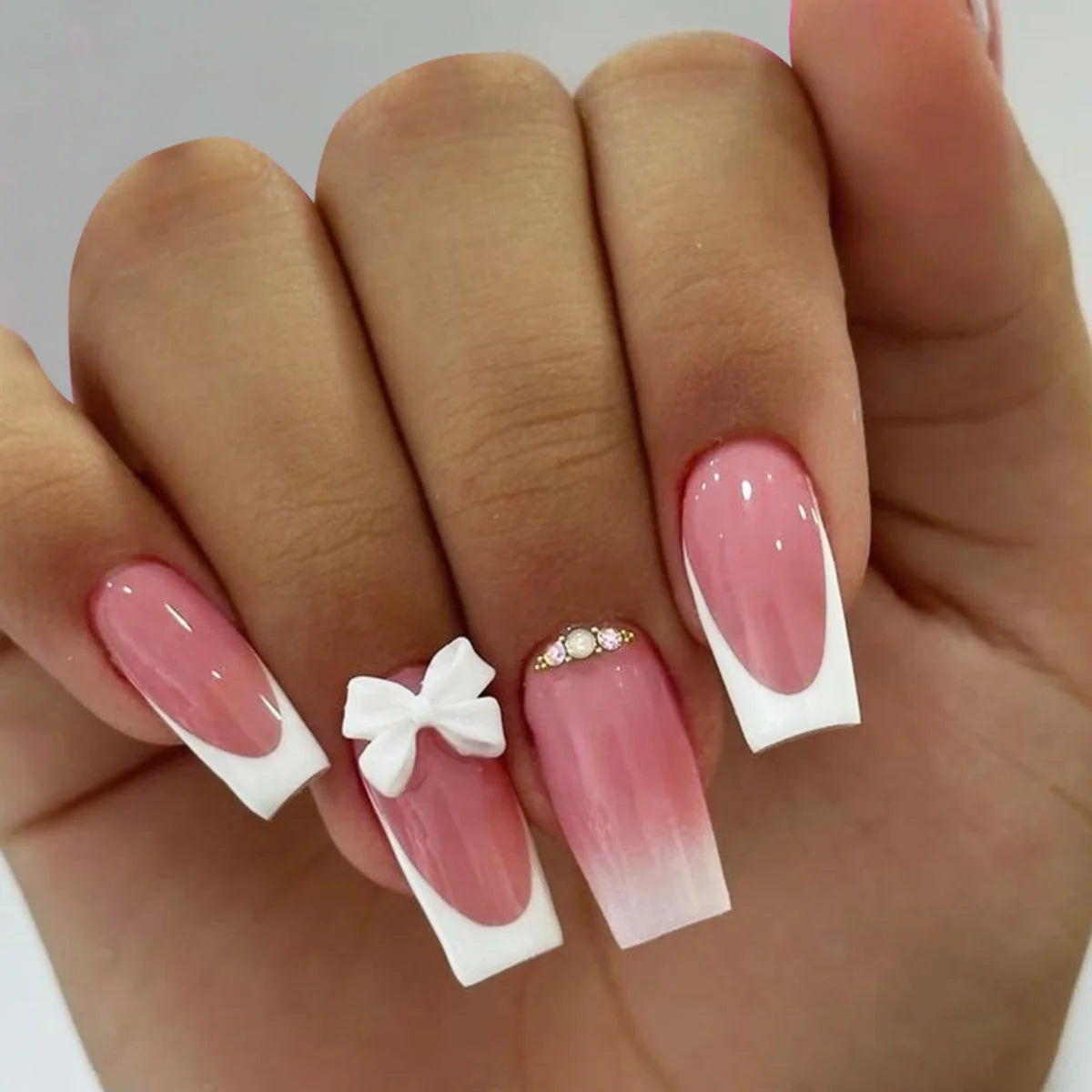 24Pcs Extra Long Square Fake Nail with Glue 3D Little Bear Bow Design False Nails White French Press on Nails Wearable Manicure Good Vibrations