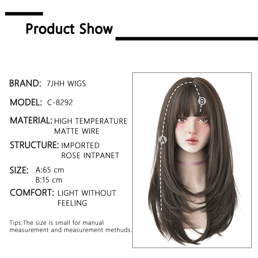 7JHHWIGS Long Wavy Synthetic Black Wigs For Women With Fringe Fashion Heat Resistant Mid-Length Daily Straight Light Brown Hair Good Vibrations