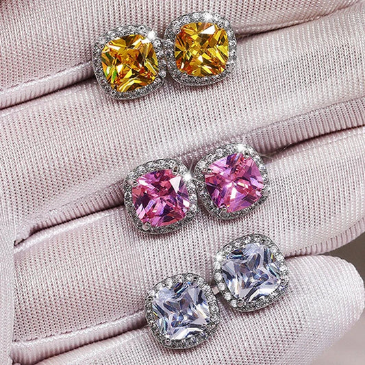 Ne'w Bright White/Yellow/Pink CZ Stud Earrings for Women Fashion Contracted Jewelry High Quality Wedding Engagement Good Vibrations