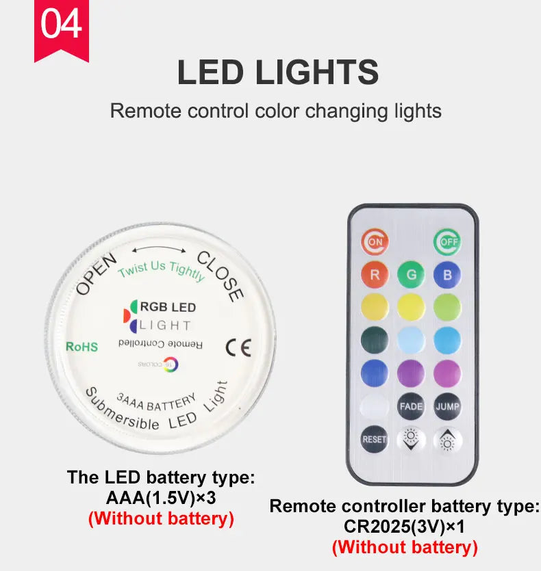 LED lights and remote control for acrylic smoking hookah with battery specifications.