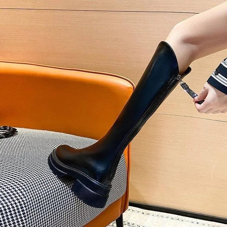 Boots Women's Autumn and Winter New Flat Bottom Black Long BootsVVersatile Slimming Long Boots Height Increasing Elastic High Good Vibrations