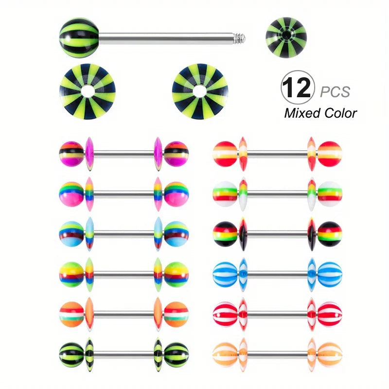 1/6/12pcs Acrylic Mixed Color Tongue Ring Adjustable Disc Barbell Tongue Ring Body Piercing Jewelry Stainless Steel Rod Good Vibrations