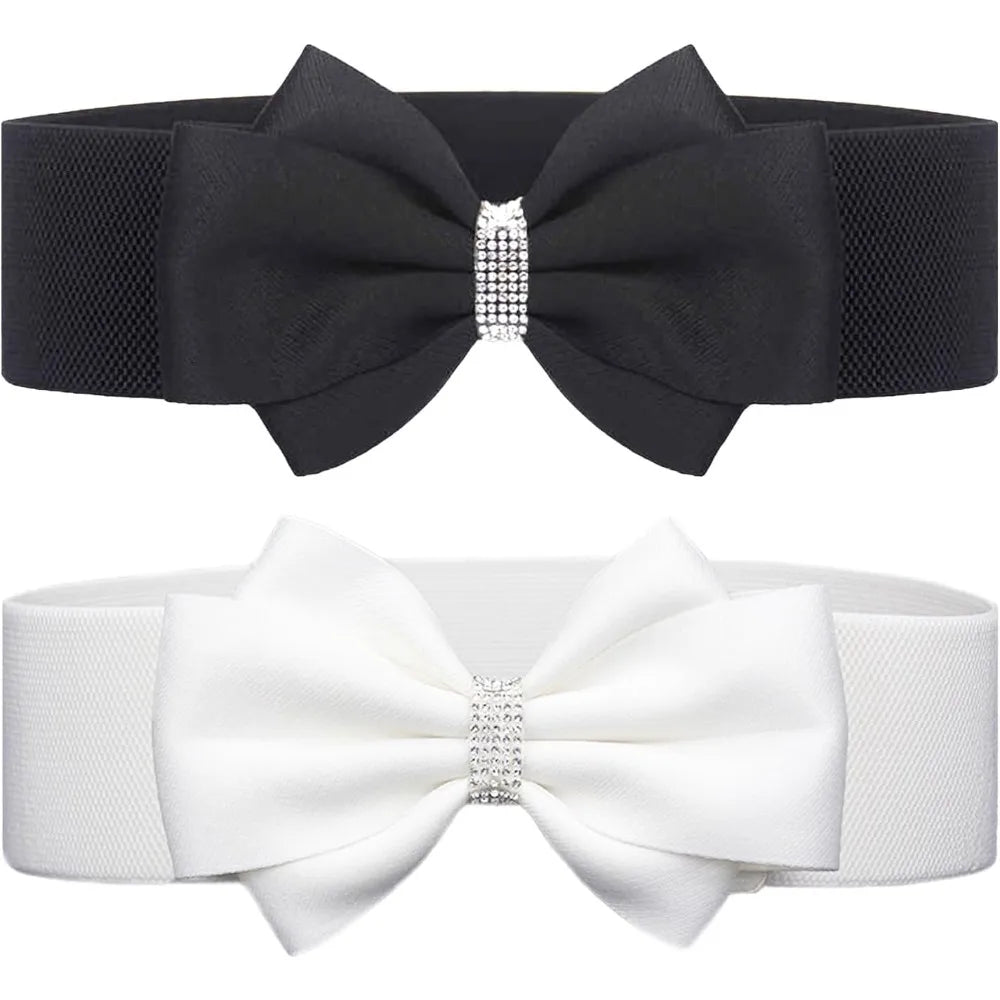 Women's Elastic Bow Belt Wide Rhinestone Stretch Belts Ladies Waist Accessories for Dress Jeans Good Vibrations