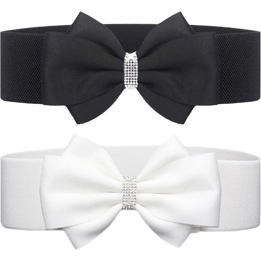 Women's Elastic Bow Belt Wide Rhinestone Stretch Belts Ladies Waist Accessories for Dress Jeans Good Vibrations