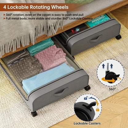 Under Bed Storage Organizer - Underbed Bins With Wheels And Lid For Clothes Bedding Shoes Blankets Books Toys Home Organization Good Vibrations