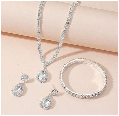 4 Pieces Luxurious Jewelry Set Exquisite Rhinestone Pendant Elegant Women's Crystal Silver Plated Necklace Earrings Bracelet Set Good Vibrations Adult Super Store
