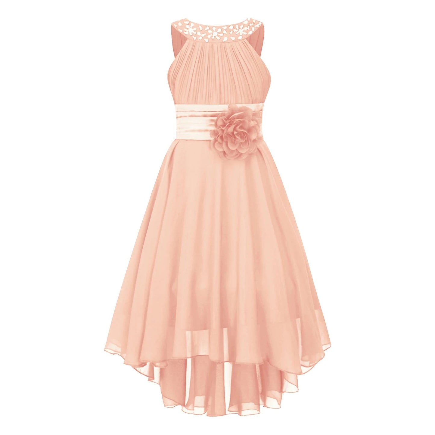 Kids Wedding Flower Girls Party Dress Sleeveless Ruched Shiny Beaded Hi-low Hem Elegant Chiffon Dress for Birthday Evening Prom Good Vibrations