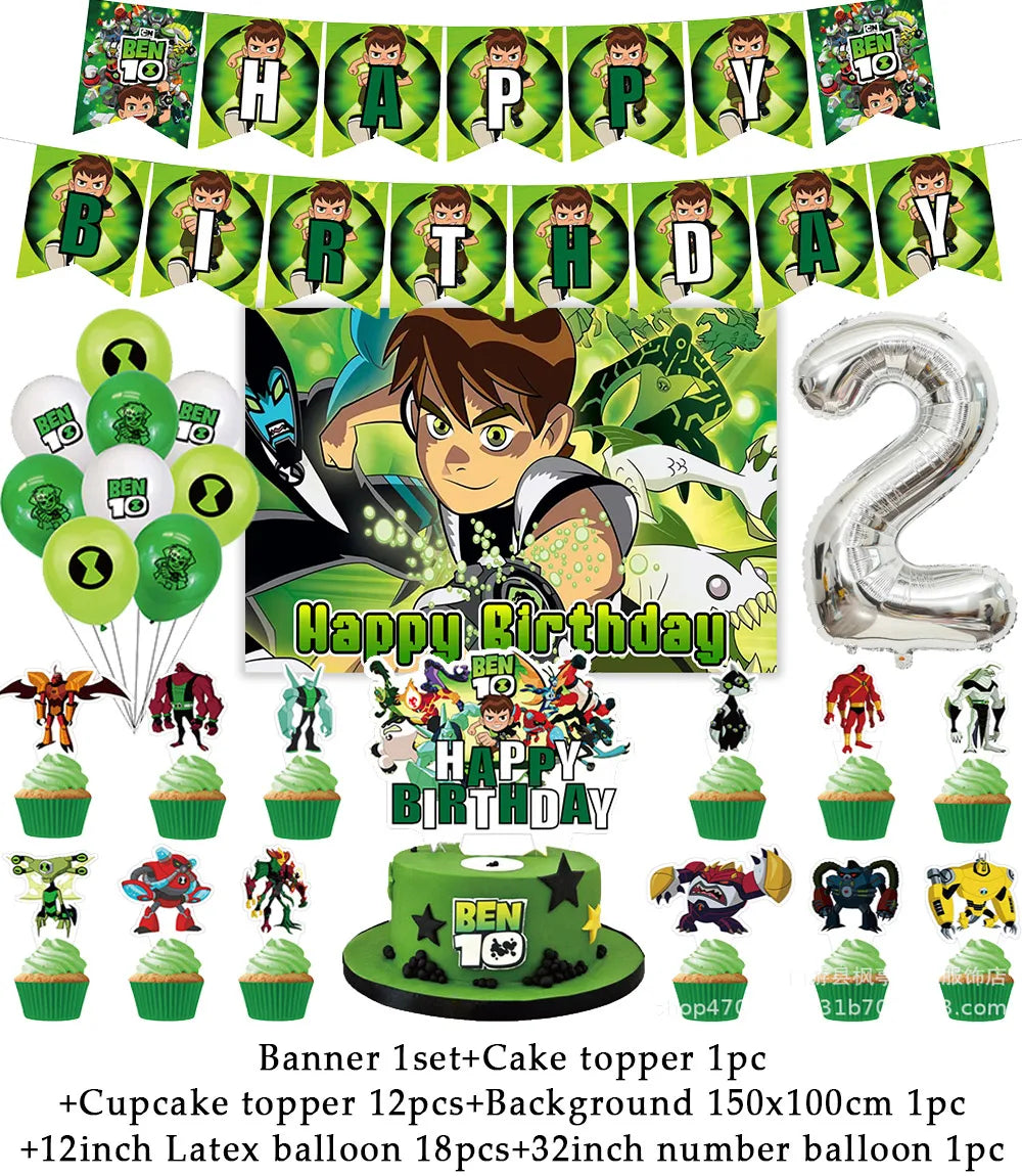 Cartoon Ben-10 Birthday Party Decoration Balloons Favor Set Banner Cake Toppers Baby Shower Boys Gift Party Supplies Photo Prop Good Vibrations